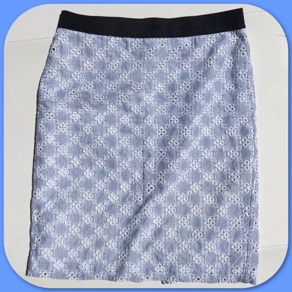 Ann Taylor (Sz 8) Pencil Skirt Blue Striped Eyelet - Picture 1 of 6